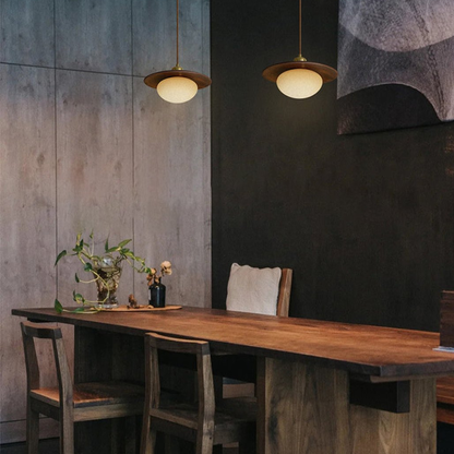 Modern Pebble Glass & Timber Pendant Light - Japandi Disk Pendant Lights