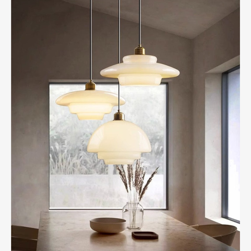 Modern Opal Glass Layered Pendant Light - Art Deco Step Silhouette Hanging Lamp