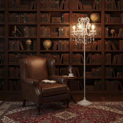 Dimmable Floor Lamp with Ornate Iron Scrollwork and Faceted Crystal Strands