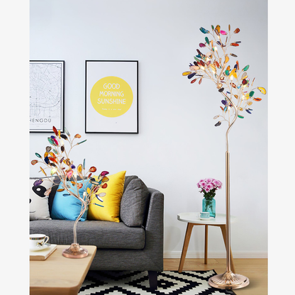 Floor Lamp with Natural Agate Stone Leaves and Metal Branching Frame