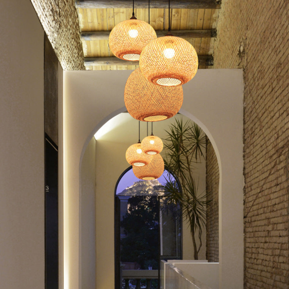 Hand-Woven Bamboo Sphere Pendant - Modern Lattice Hanging Lamp