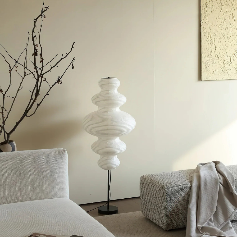 Floor lamp with Tiered Gourd Paper Shade - Japandi Sculptural Style