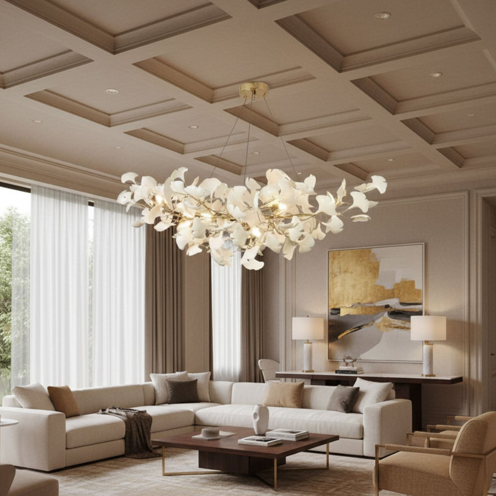 Sputnik Chandelier with Ceramic Ginkgo Leaves - Modern Art Deco