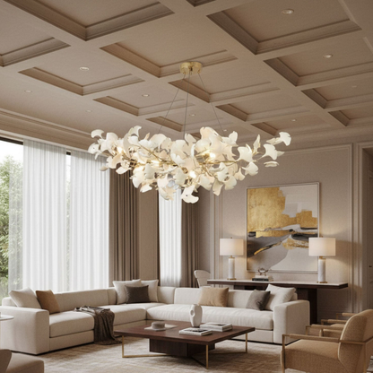 Sputnik Chandelier with Ceramic Ginkgo Leaves - Modern Art Deco