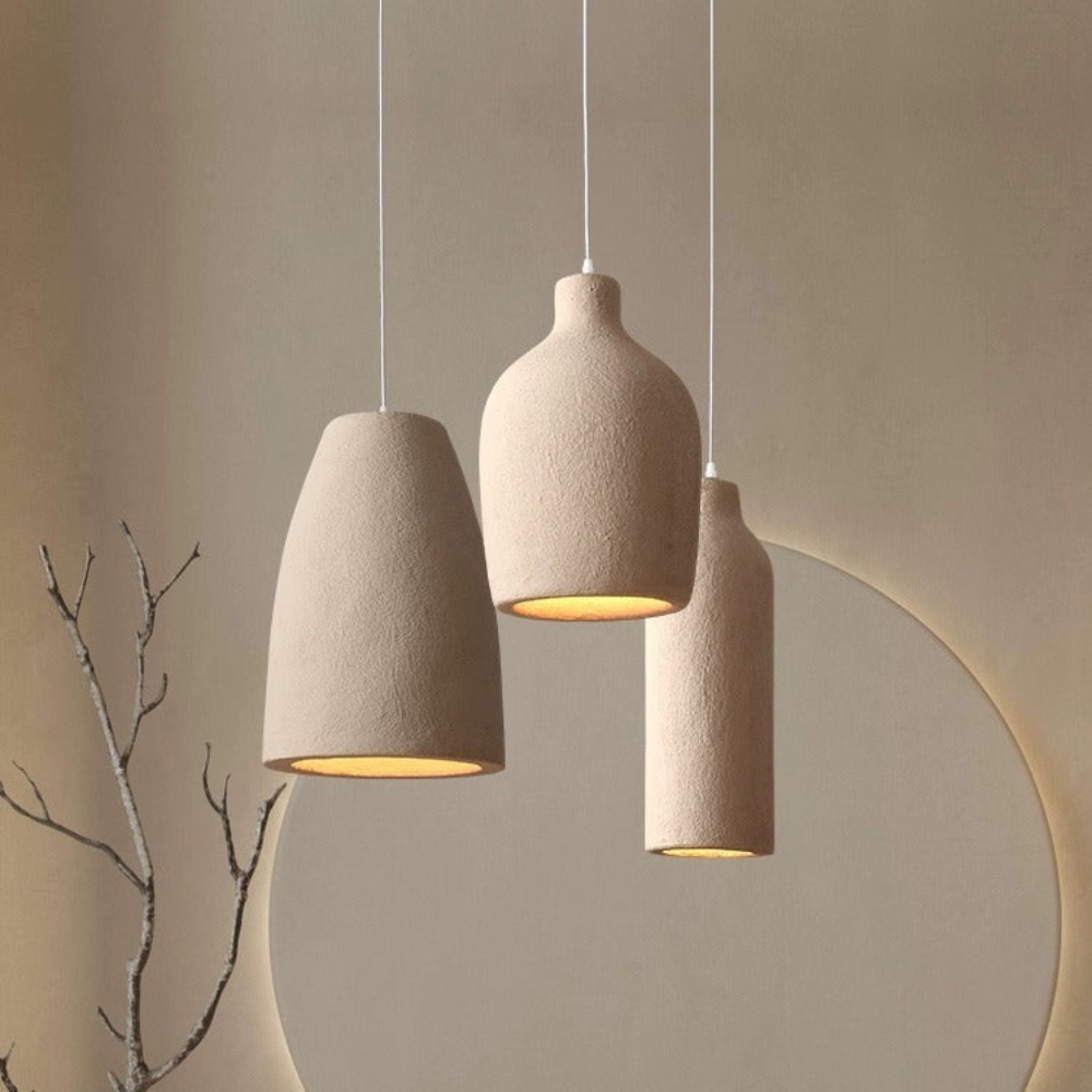 Pendant Light Fixture with Textured Stone Finish - Wabi Sabi Japandi