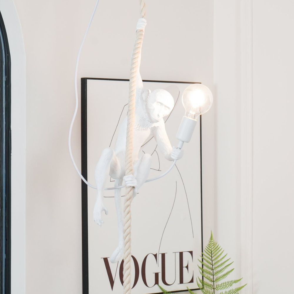 Whimsical Climbing Monkey Rope Pendant - Sculptural Animal Art Hanging Lamp