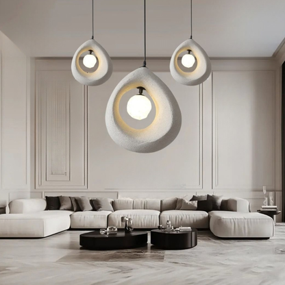 Hollow Stone-Style Hanging Lamp with Glowing Orb - Nordic Earthy Decor