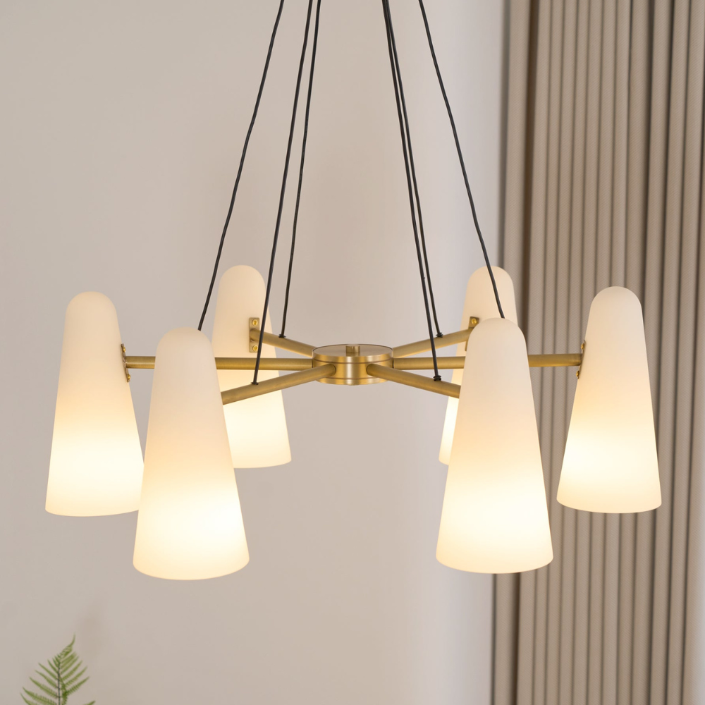 Chandelier with Conical Glass Shades and Metallic Frame - Modern Mid Century