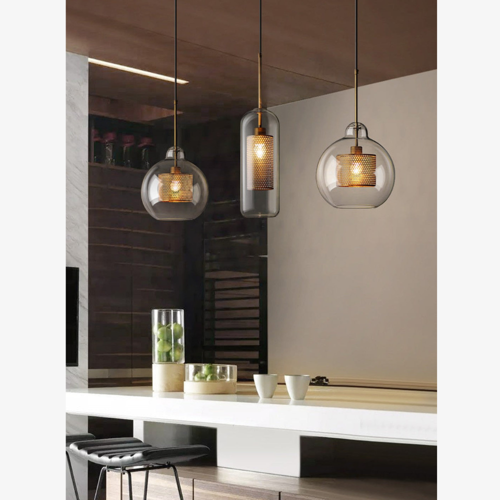 Modern Perforated Metal Glass Pendant - Industrial Layered Mesh Hanging Lamp