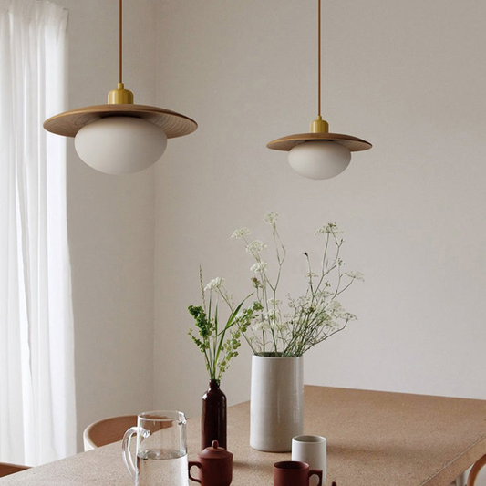 Modern Pebble Glass & Timber Pendant Light - Japandi Disk Pendant Lights