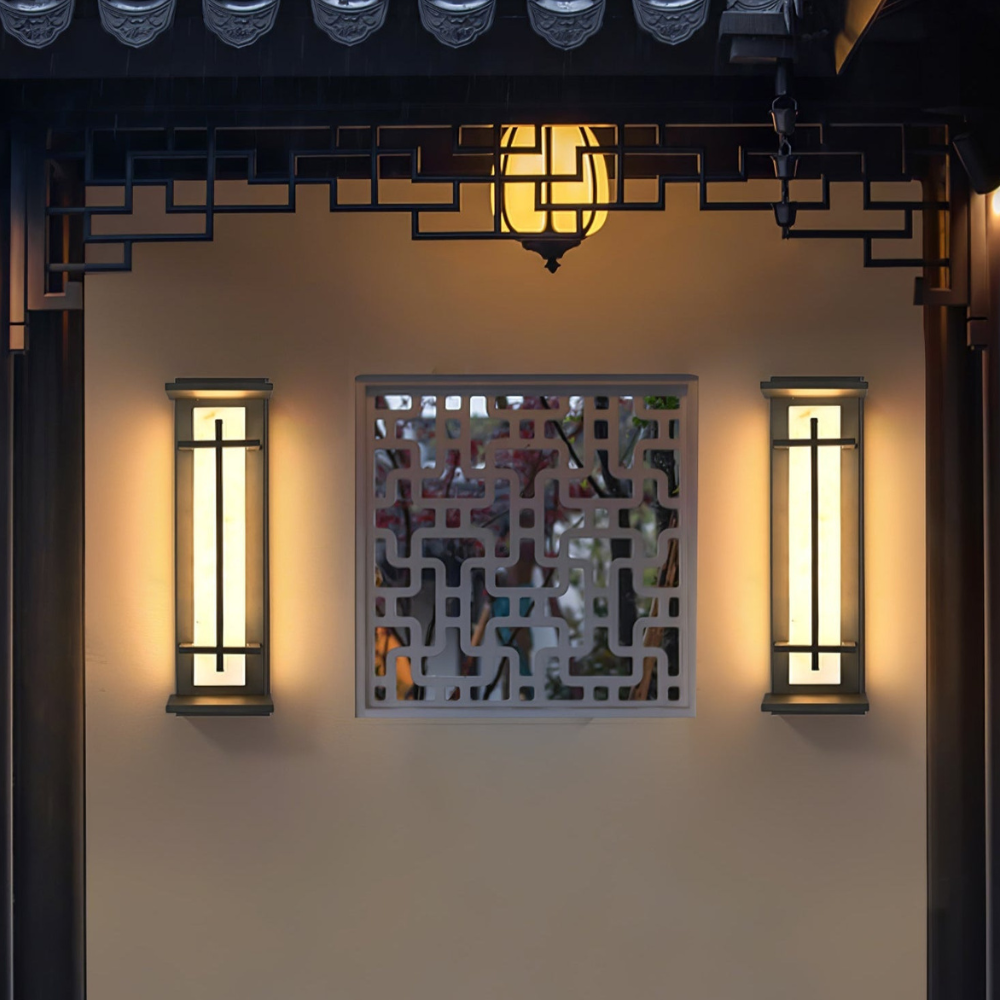 Outdoor LED Porch Lights with Faux Alabaster Column - Modern Mission