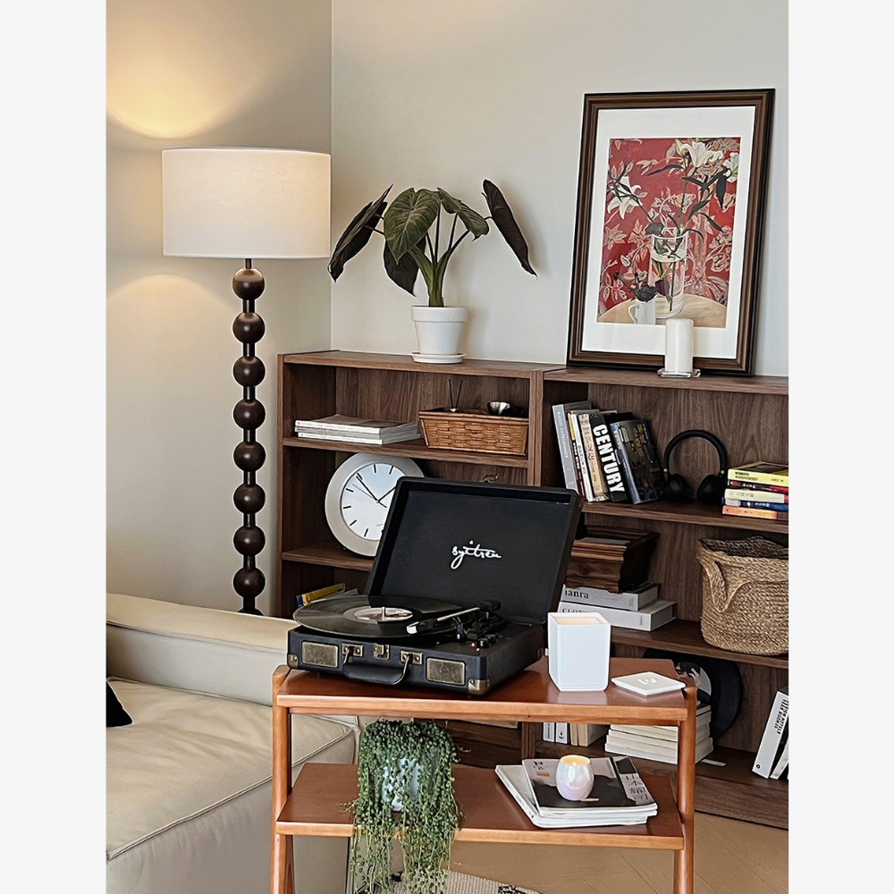 Floor Lamp with Stacked Wooden Spheres and Fabric Drum Shade