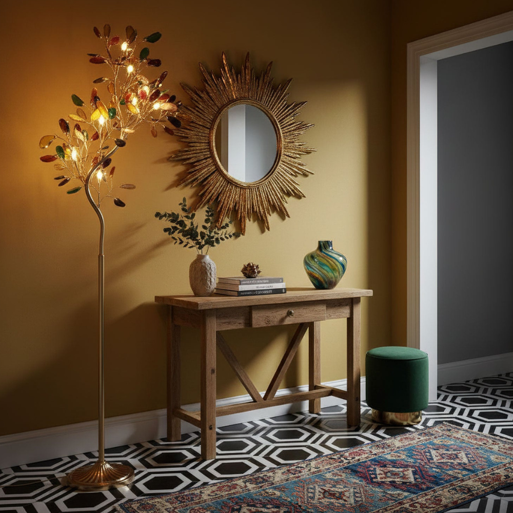 Floor Lamp with Natural Agate Stone Leaves and Metal Branching Frame