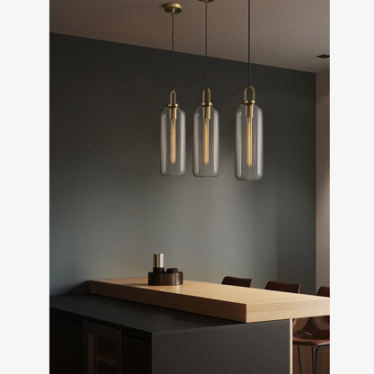 Globe and Capsule Glass Pendant Light with Brass Arch - Modern Style