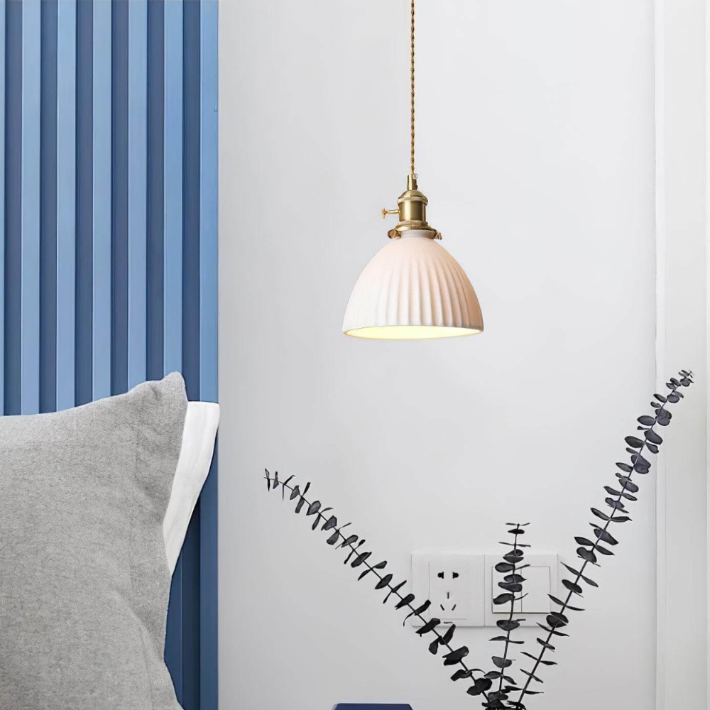 Ribbed Dome Hanging Lamp in White Ceramic - Scandinavian Style Decor