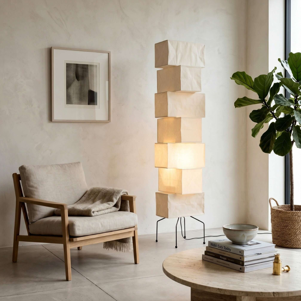 Floor Lamp with Stacked Staggered Rice Paper Lanterns and Metal Hairpin Legs