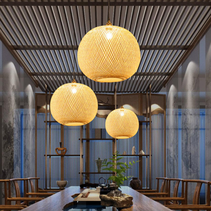 Hand-Woven Bamboo Sphere Pendant - Modern Lattice Hanging Lamp
