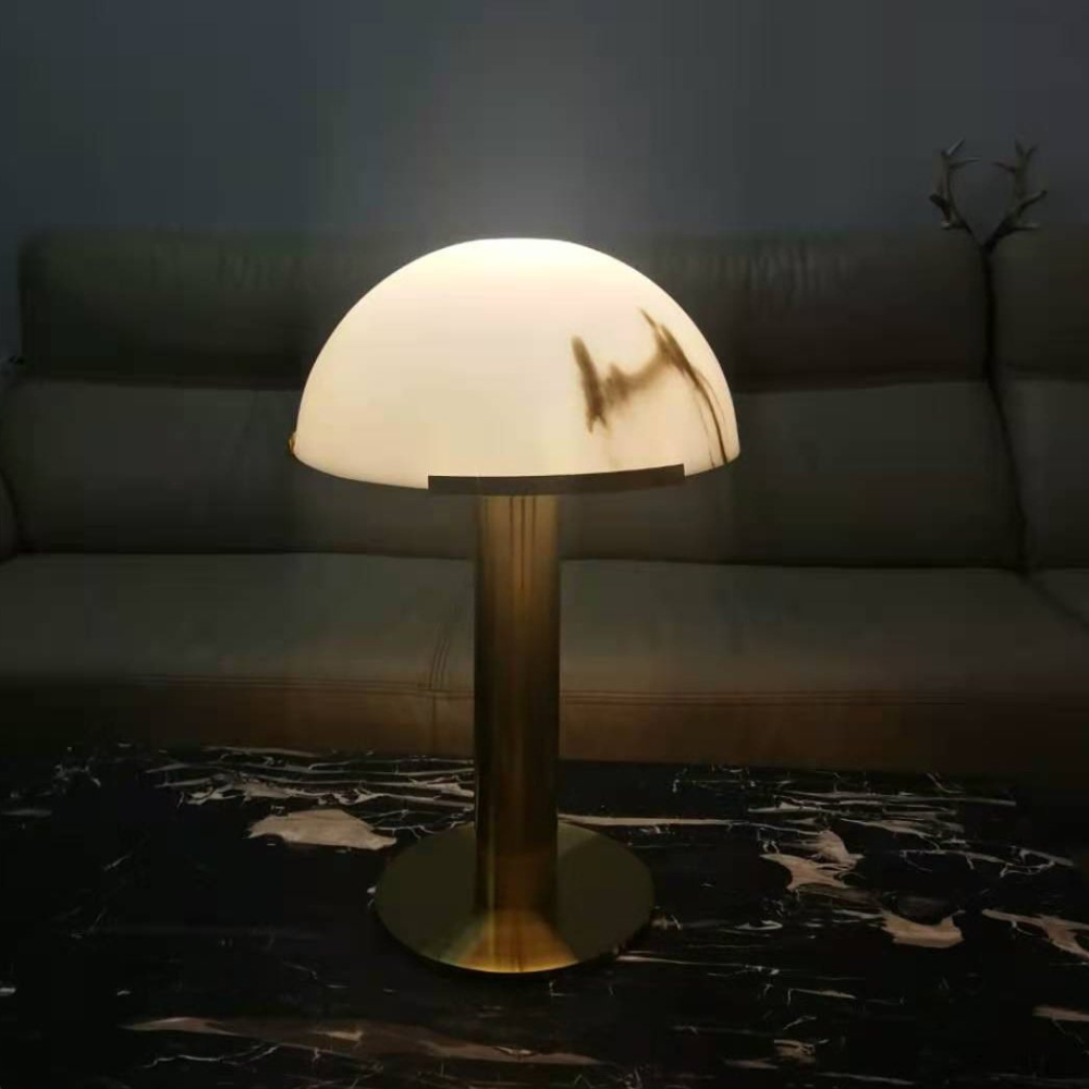 Glass and Alabaster Dome Table Lamp with Metal Base - Mid Century Modern