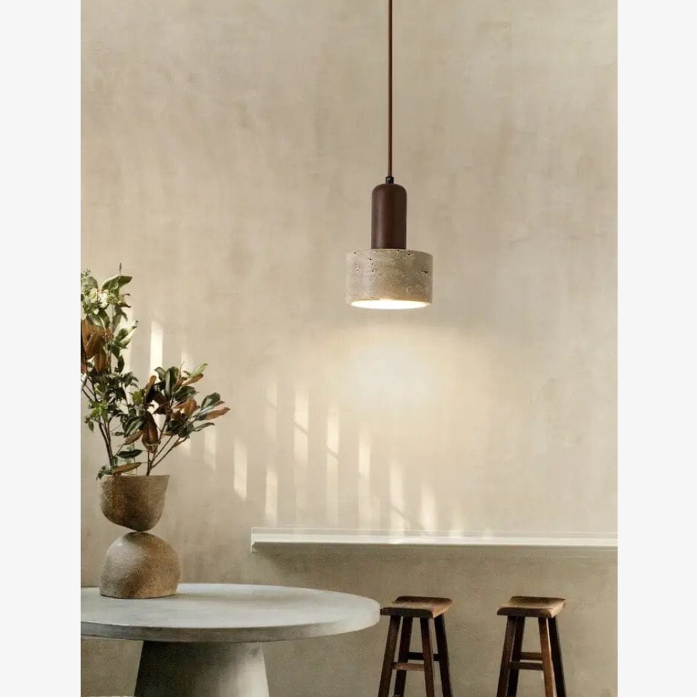 Wabi-Sabi Travertine Style Pendant Light with Solid Wood - Modern Earthy Decor