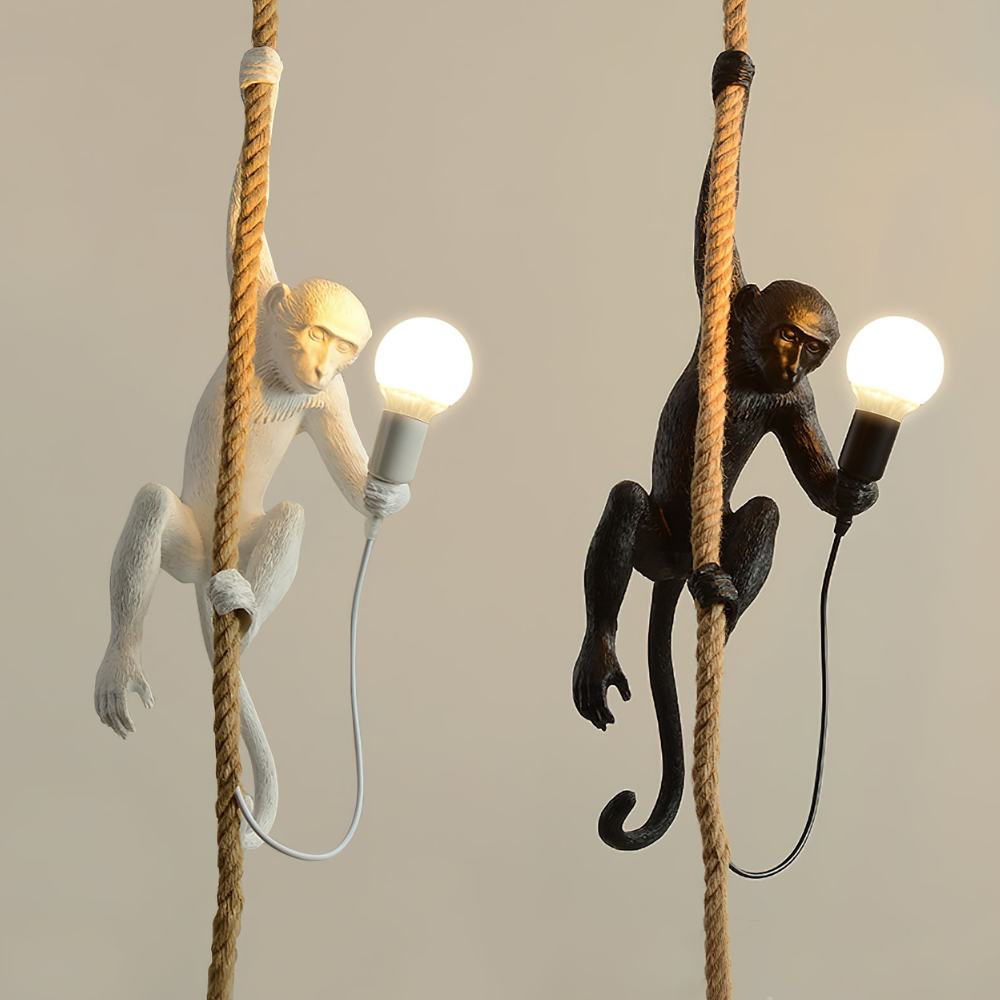 Whimsical Climbing Monkey Rope Pendant - Sculptural Animal Art Hanging Lamp