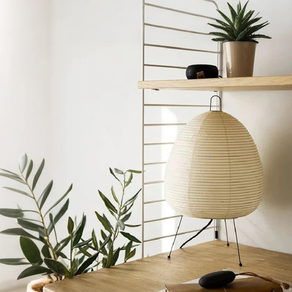 Paper Lantern Table Lamp with Tripod Metal Base - Mid Century Japanese