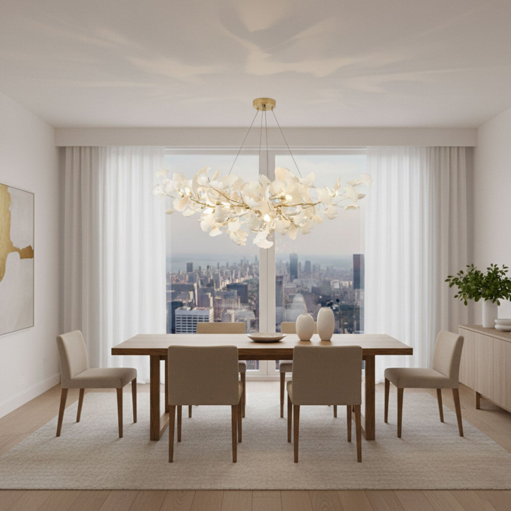 Sputnik Chandelier with Ceramic Ginkgo Leaves - Modern Art Deco