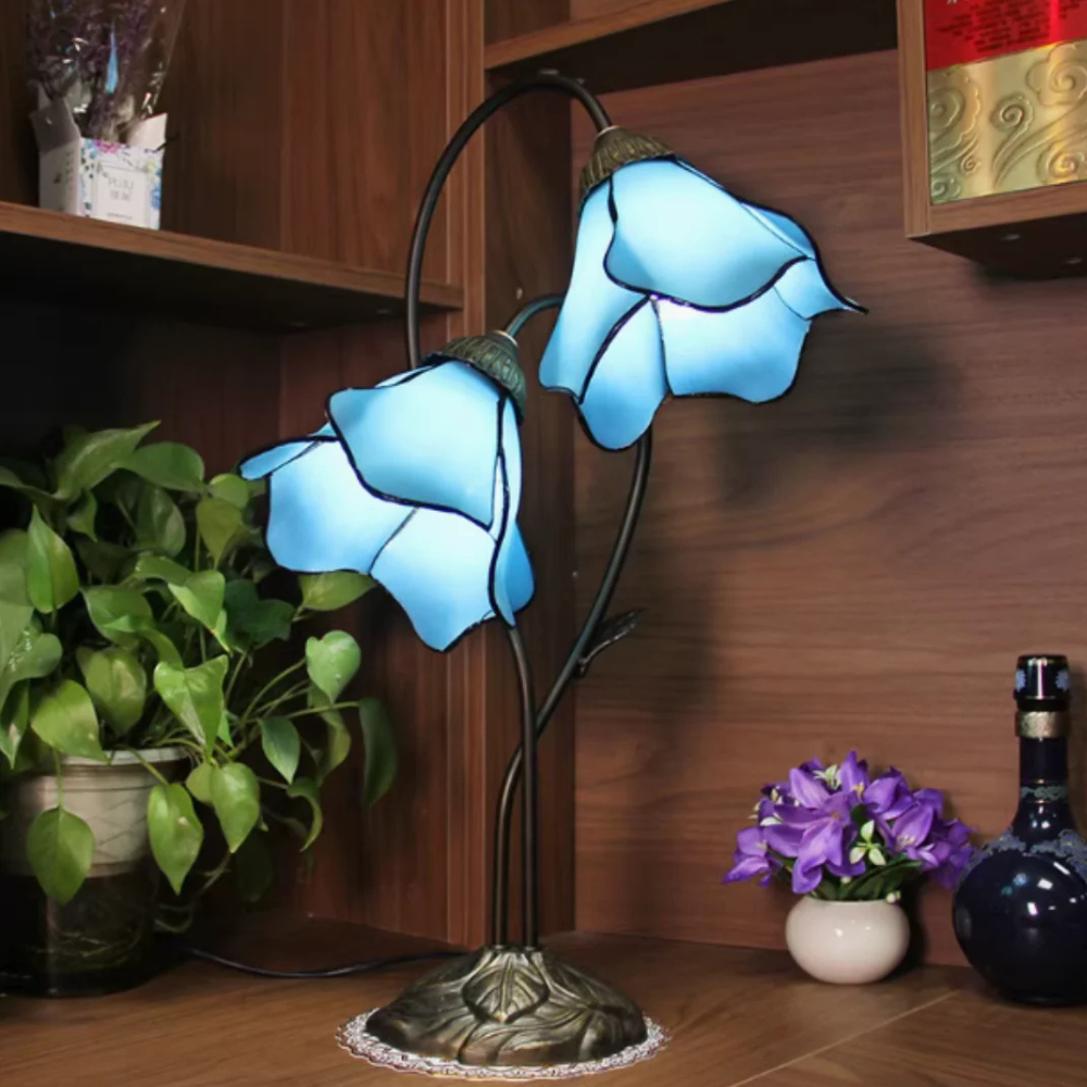 Table Lamp with Flower Glass Shades - Vintage Stained Glass Floral