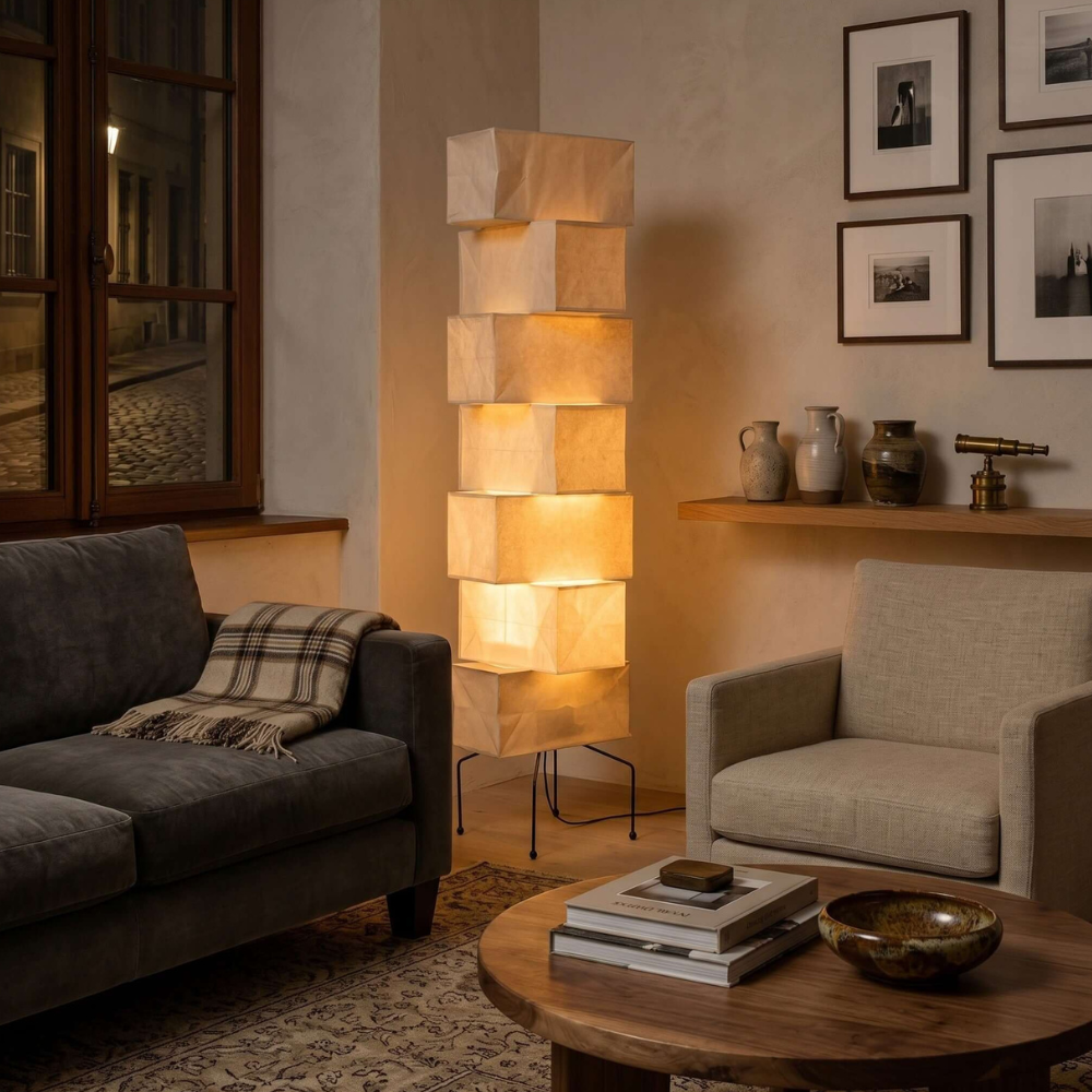 Floor Lamp with Stacked Staggered Rice Paper Lanterns and Metal Hairpin Legs