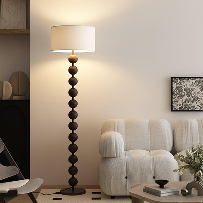 Floor Lamp with Stacked Wooden Spheres and Fabric Drum Shade