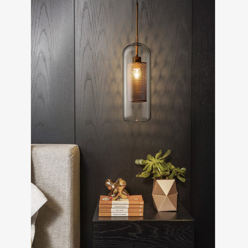 Modern Perforated Metal Glass Pendant - Industrial Layered Mesh Hanging Lamp