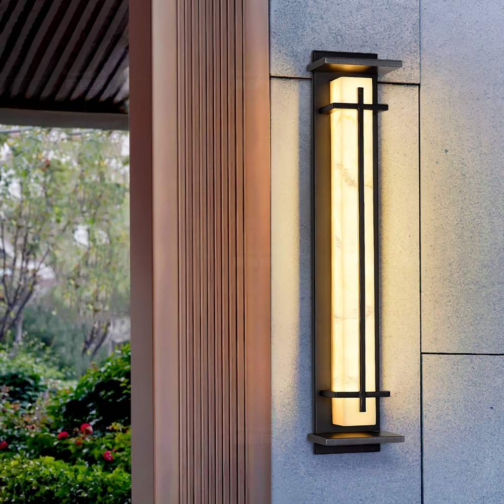 Outdoor LED Porch Lights with Faux Alabaster Column - Modern Mission