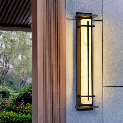 Outdoor LED Porch Lights with Faux Alabaster Column - Modern Mission