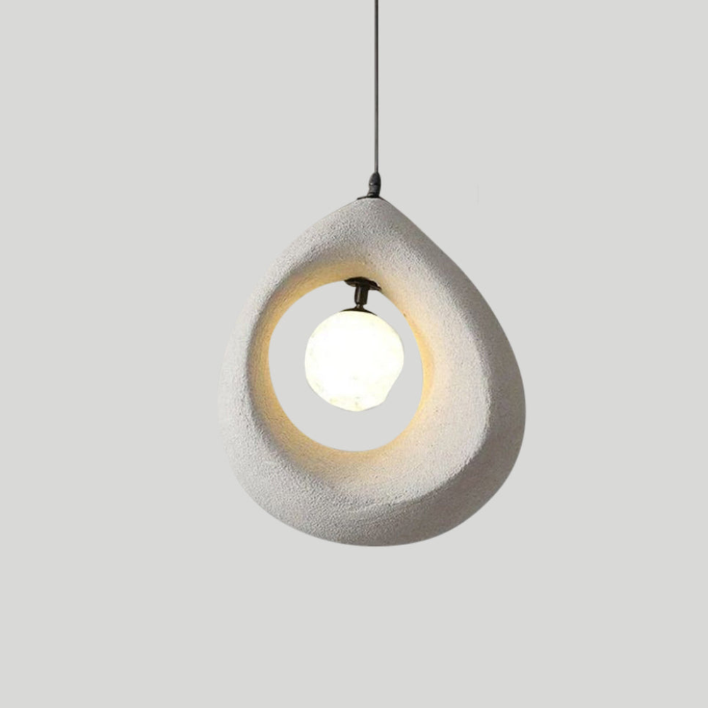 Hollow Stone-Style Hanging Lamp with Glowing Orb - Nordic Earthy Decor