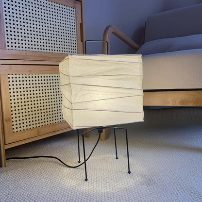 Japanese Paper Lantern Table Lamp with Metal Handle - Wabi Sabi Design