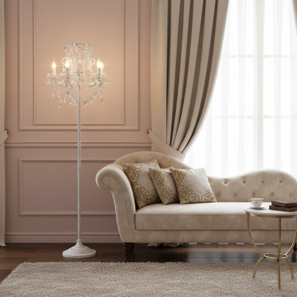 Dimmable Floor Lamp with Ornate Iron Scrollwork and Faceted Crystal Strands