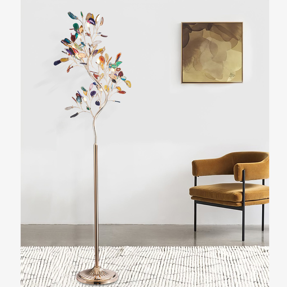 Floor Lamp with Natural Agate Stone Leaves and Metal Branching Frame