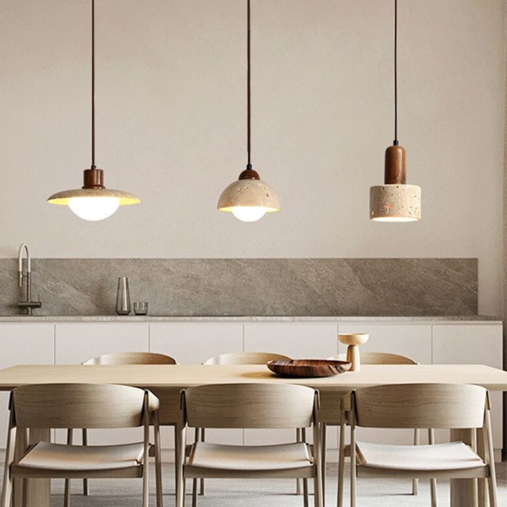 Wabi-Sabi Travertine Style Pendant Light with Solid Wood - Modern Earthy Decor