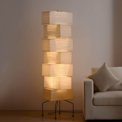 Floor Lamp with Stacked Staggered Rice Paper Lanterns and Metal Hairpin Legs