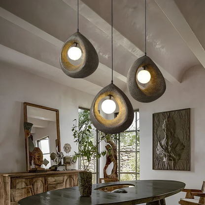 Hollow Stone-Style Hanging Lamp with Glowing Orb - Nordic Earthy Decor
