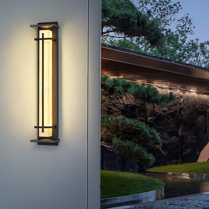 Outdoor LED Porch Lights with Faux Alabaster Column - Modern Mission