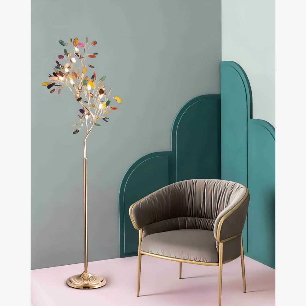 Floor Lamp with Natural Agate Stone Leaves and Metal Branching Frame