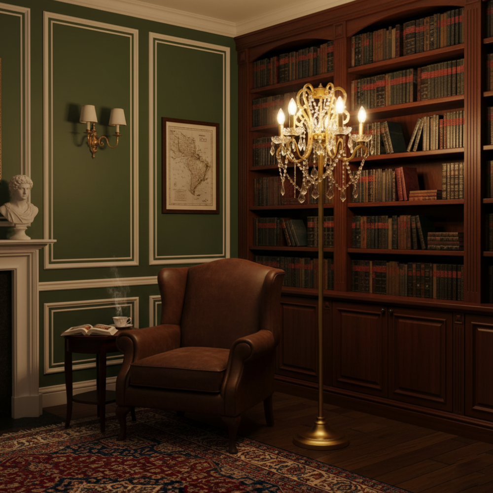 Dimmable Floor Lamp with Ornate Iron Scrollwork and Faceted Crystal Strands