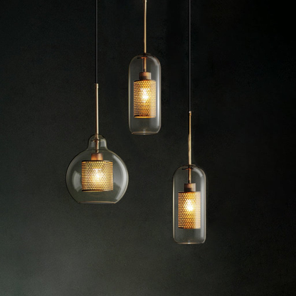 Modern Perforated Metal Glass Pendant - Industrial Layered Mesh Hanging Lamp