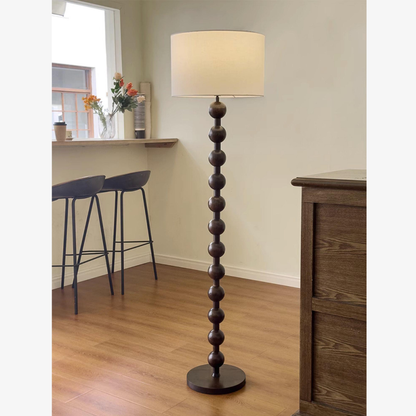 Floor Lamp with Stacked Wooden Spheres and Fabric Drum Shade