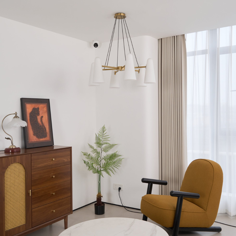 Chandelier with Conical Glass Shades and Metallic Frame - Modern Mid Century