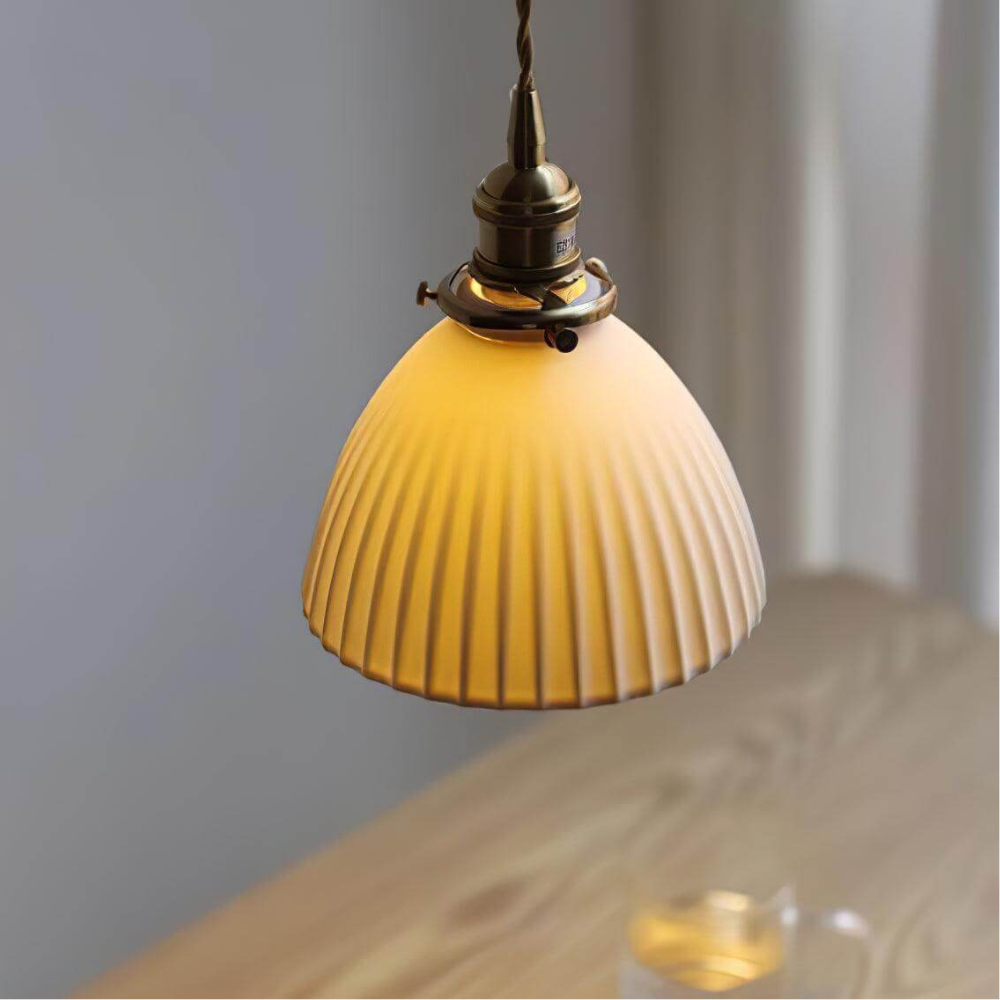 Ribbed Dome Hanging Lamp in White Ceramic - Scandinavian Style Decor