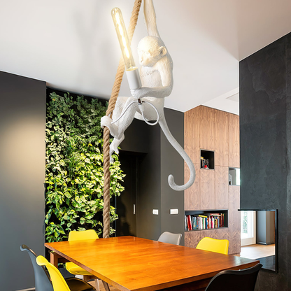 Whimsical Climbing Monkey Rope Pendant - Sculptural Animal Art Hanging Lamp