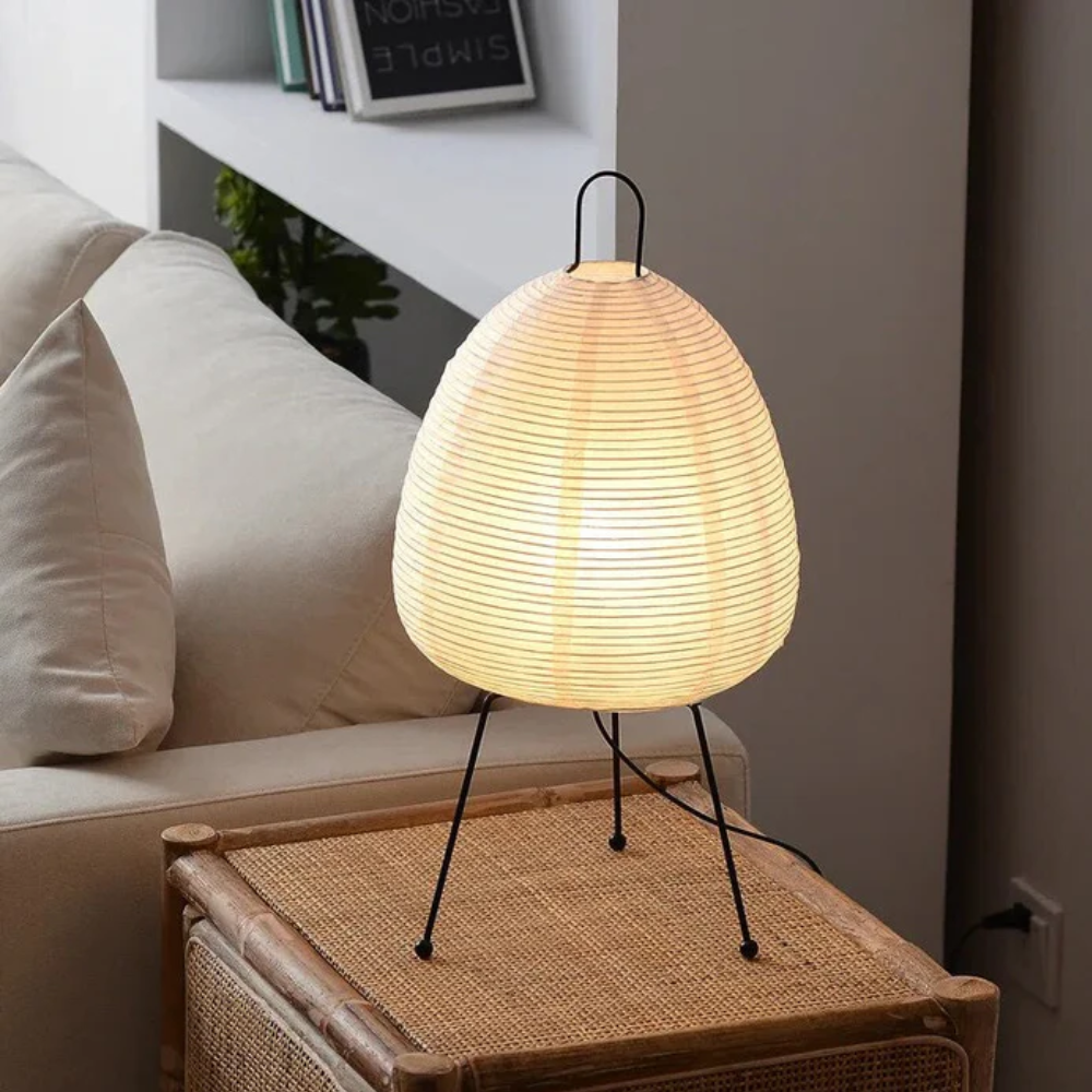 Paper Lantern Table Lamp with Tripod Metal Base - Mid Century Japanese
