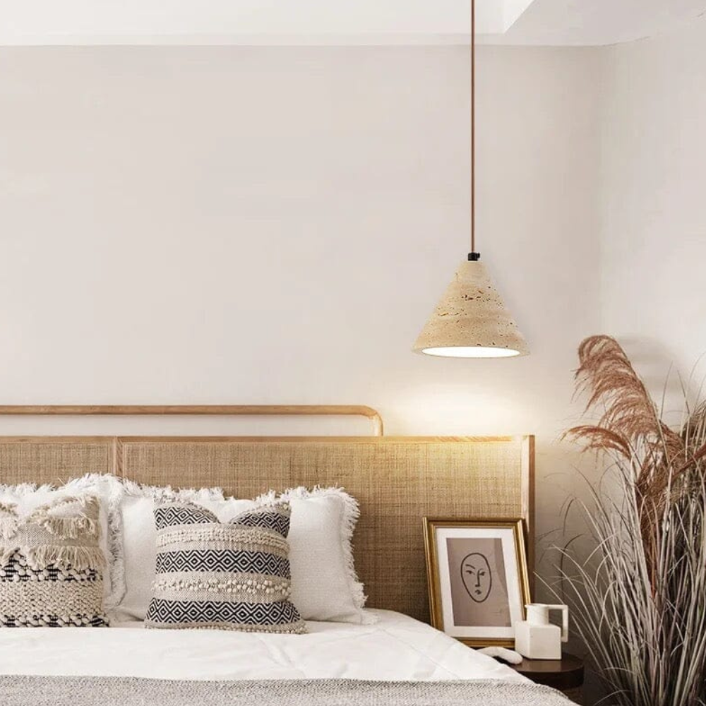Wabi-Sabi Travertine Style Pendant Light with Solid Wood - Modern Earthy Decor