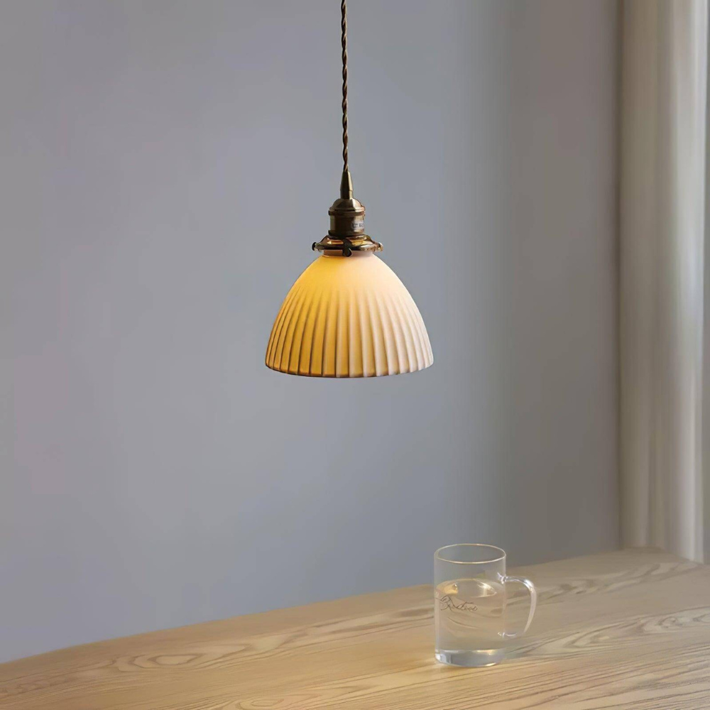 Ribbed Dome Hanging Lamp in White Ceramic - Scandinavian Style Decor